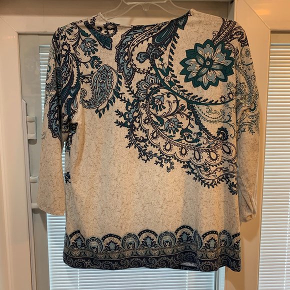 NWOT Susan Graver Weekend Oatmeal/Blue Size Large 3/4 Length Sleeve Cotton Blend - Picture 2 of 11